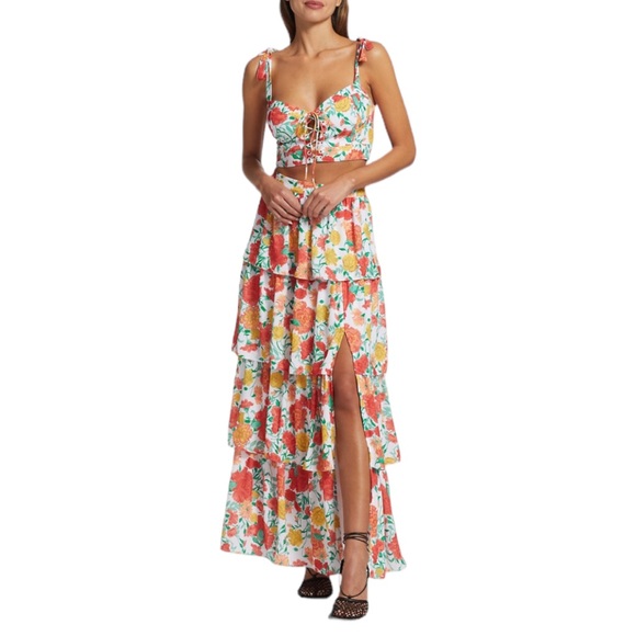 Wayf Dresses & Skirts - WAYF Floral tiered Maxi Skirt & Lace up Bustier top Set